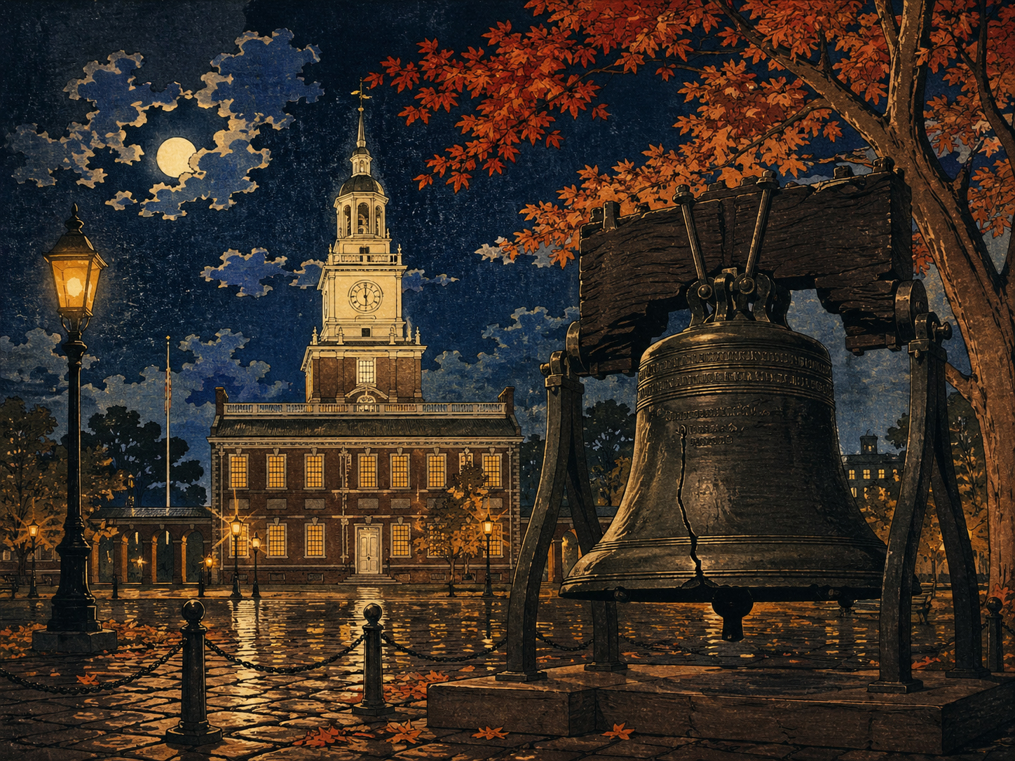 夜の独立記念館と自由の鐘を想起させるフィラデルフィアの風景